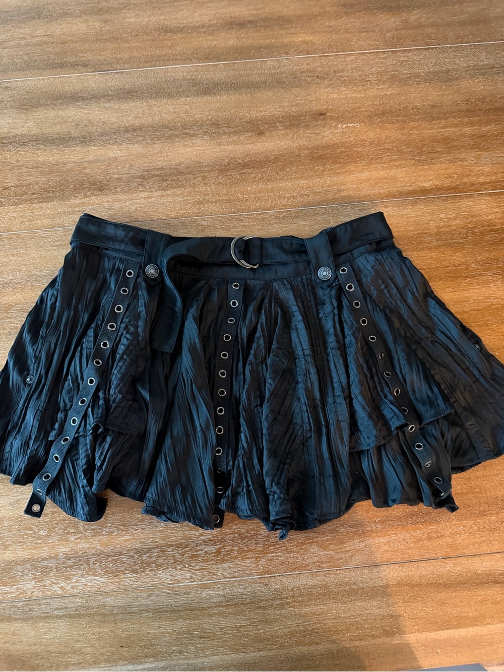 Free People Black Pleated Mini Skirt with Grommet Belt